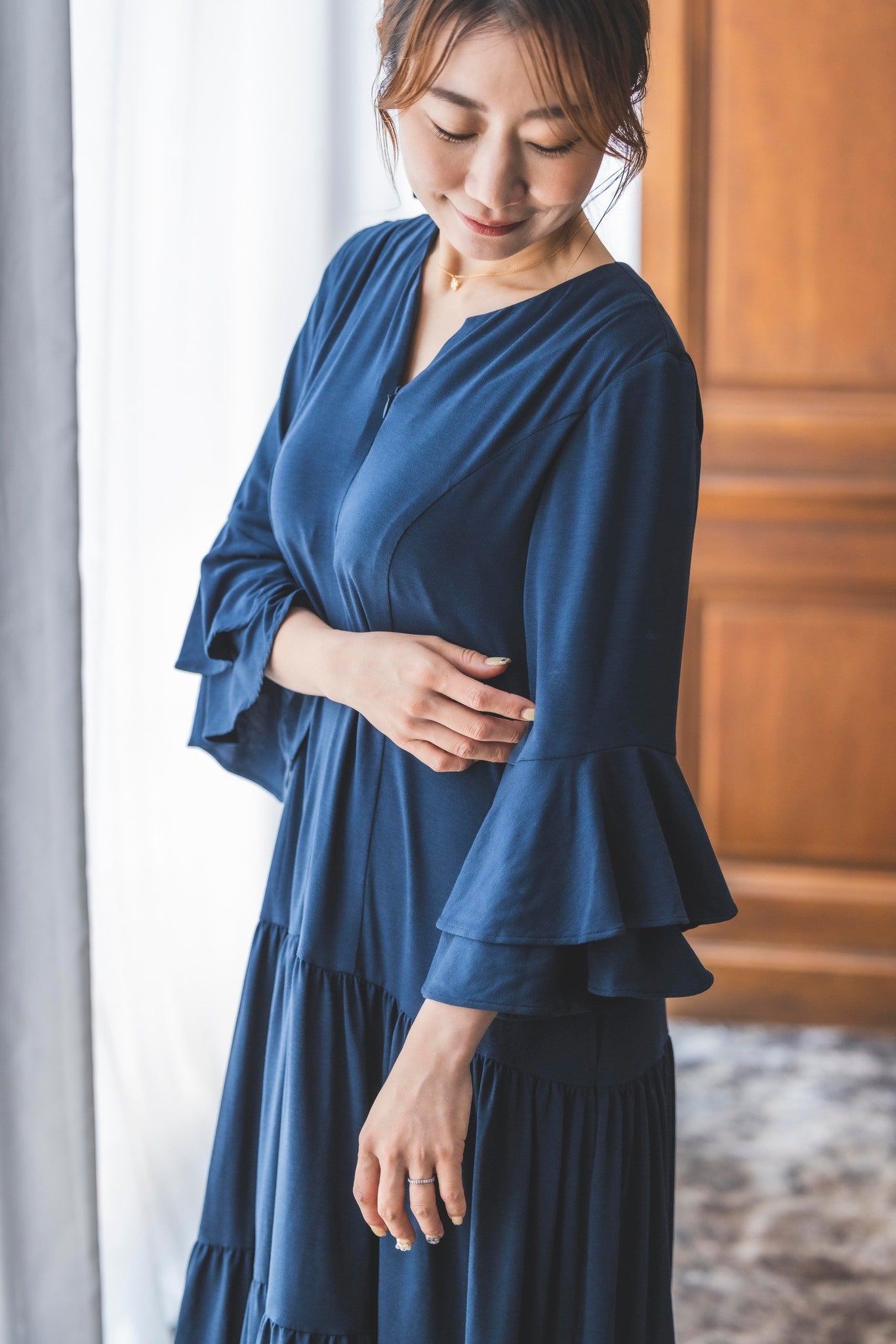 とろける肌触りのなめらかルームドレス(ネイビー)