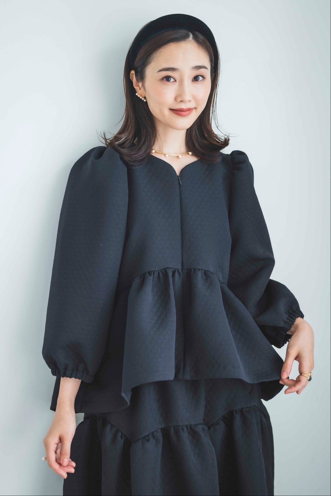 ハートカッティング キルティング長袖トップス(ブラック)