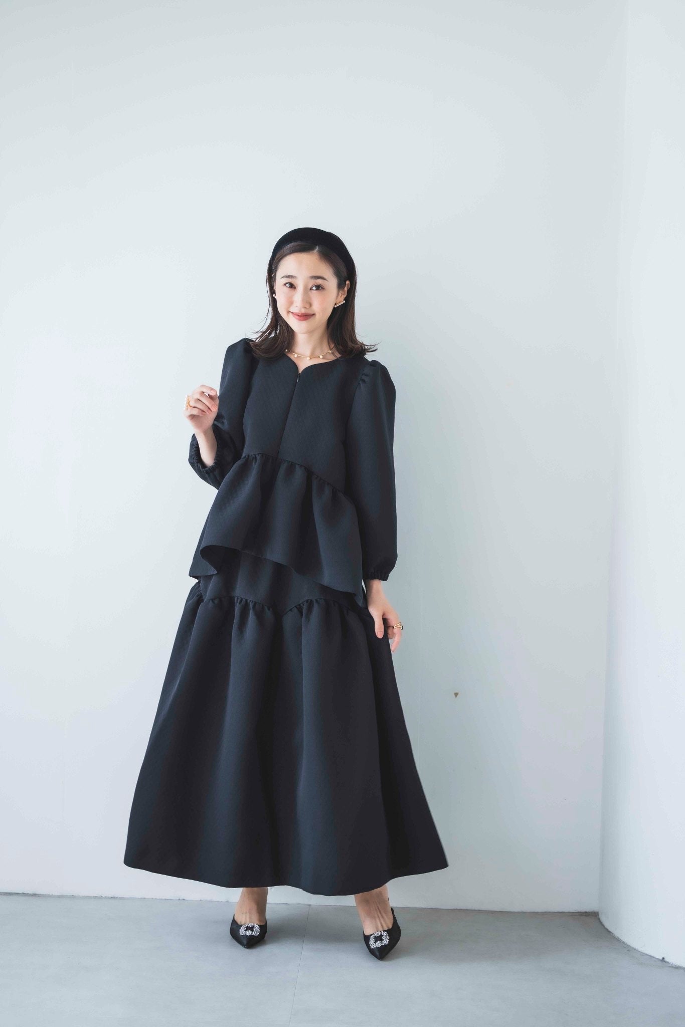 ハートカッティング キルティング長袖トップス(ブラック)