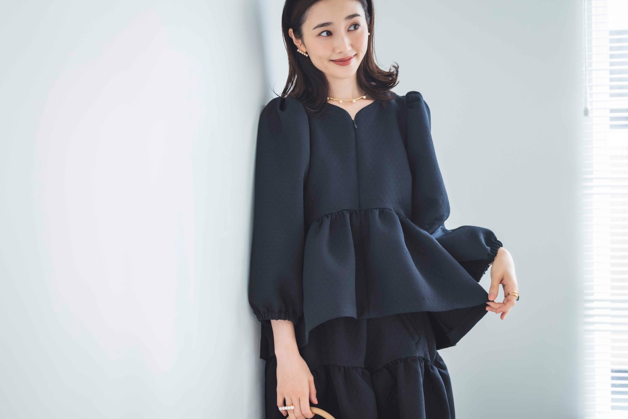 ハートカッティング キルティング長袖トップス(ブラック)