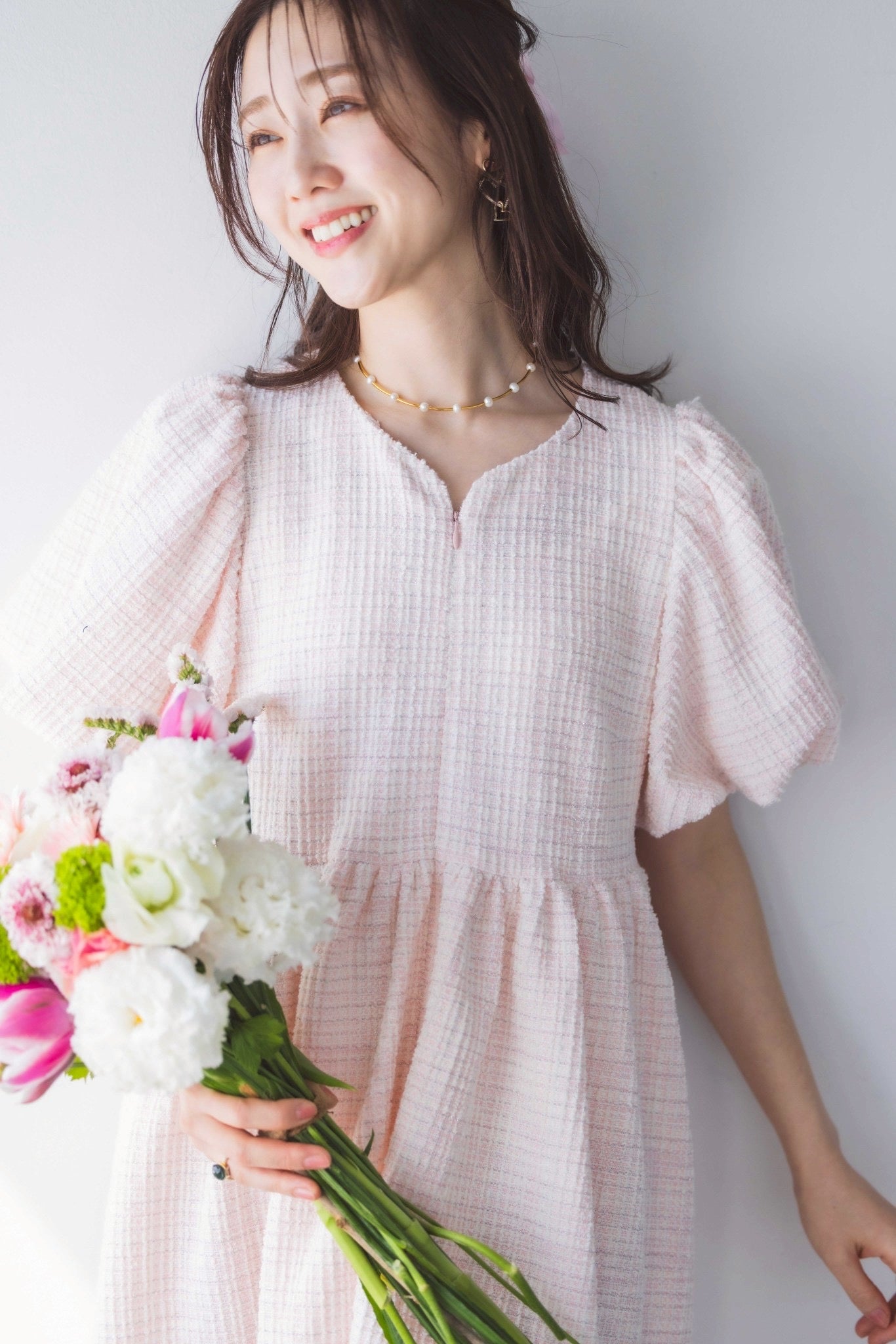 himeふわワンピース（ツイードミルキーピンク）【お上品な授乳服のお店